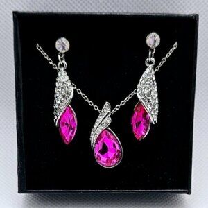 18K Gold Plated Pink Teardrop Necklace & Earring Set – Sparkling Crystal Accents